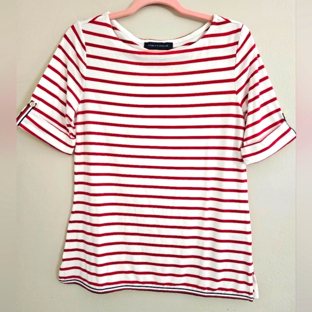 Tommy Hilfiger Red White Stripe Tunic Shirt Roll Cap Style Sleeve Trim Detail SP - Picture 1 of 9